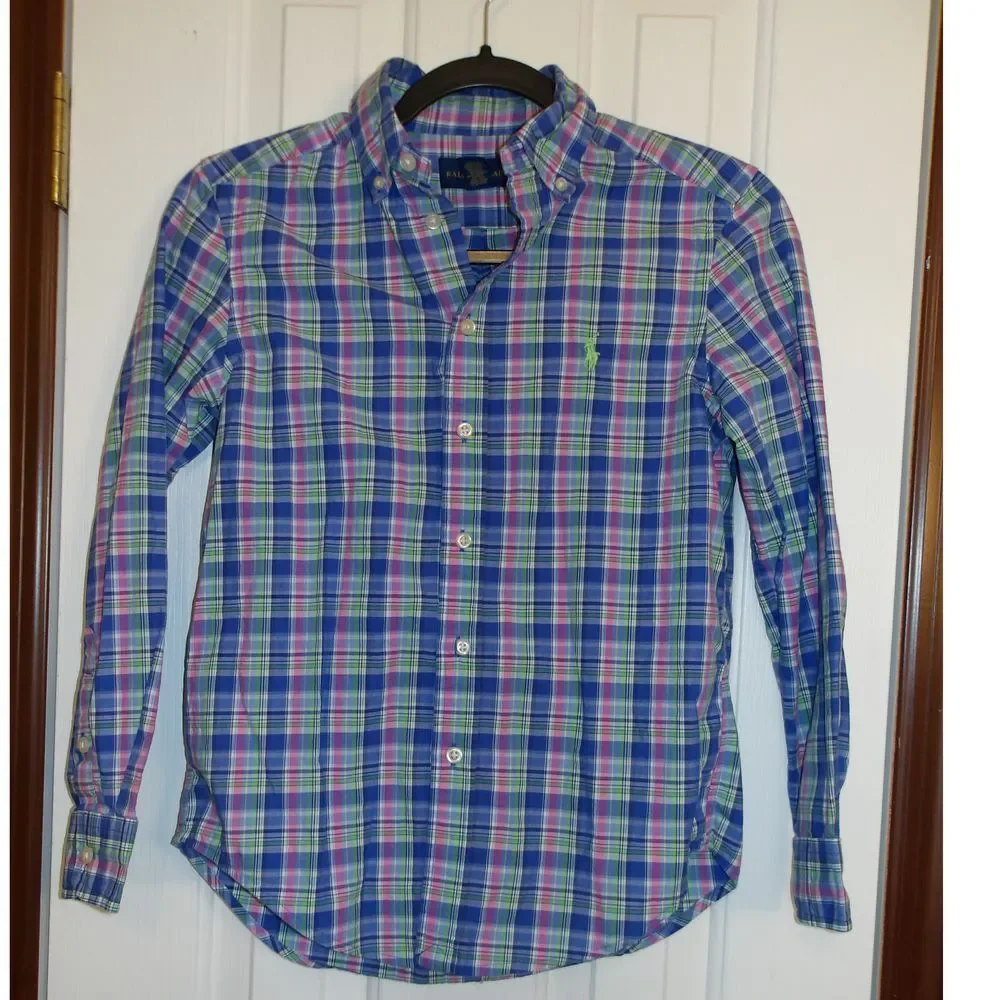 Ralph Lauren Plaid Button Down Shirt Long Sleeve Cotton Blend Kids Size‎ M